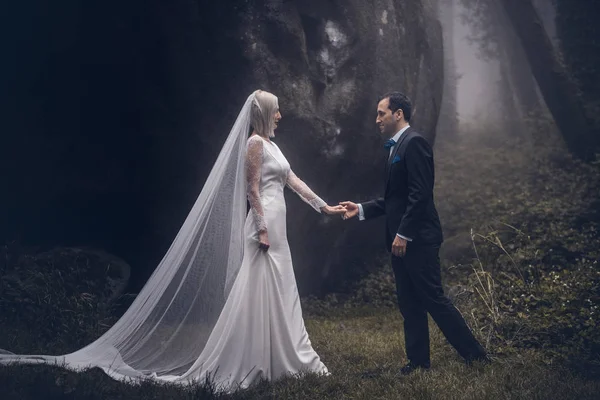 Casal Encantador Recém Casados Noiva Noivo Uma Bela Floresta Misteriosa — Fotografia de Stock