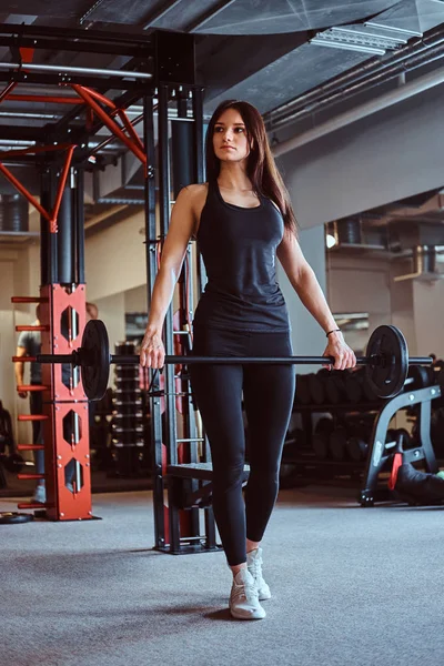 Spor giyim güzel esmer kadın ise eğitim spor salonu ve fitness kulübü halter tutar.