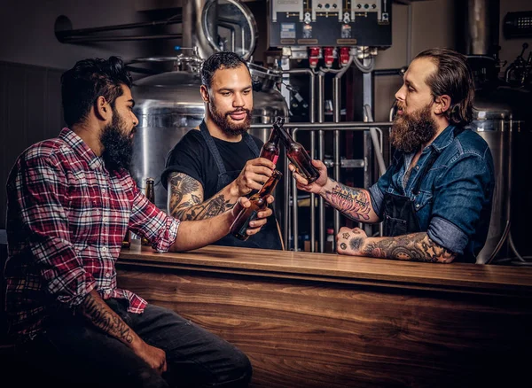 Three bearded interracial friends drink craft beer and talk in a brewery. Two hipster workers in aprons drink beer with their friend in a brewery factory. Old friends gathered to drink beer and chat.