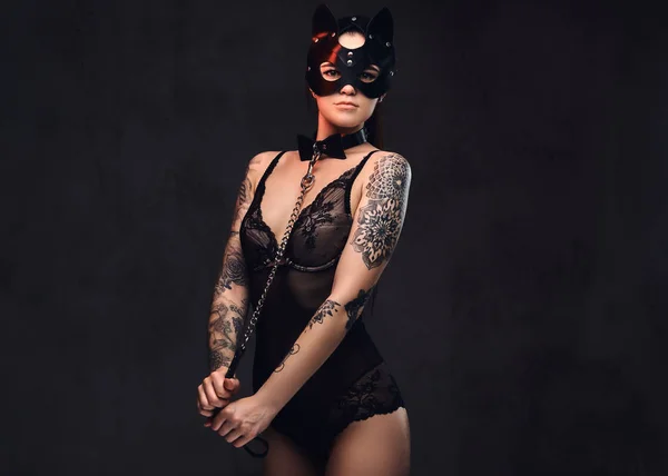 Verleidelijke Sensuele Meesteres Meisje Dragen Zwarte Lingerie Van Bdsm Accessoires — Stockfoto