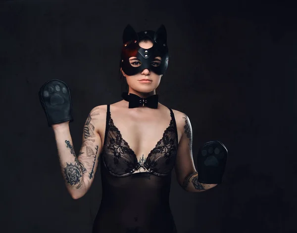 美丽的黑发妇女穿着性感的黑色内衣在 Bdsm 猫皮革面具和配件在黑暗的背景下摆出 — 图库照片