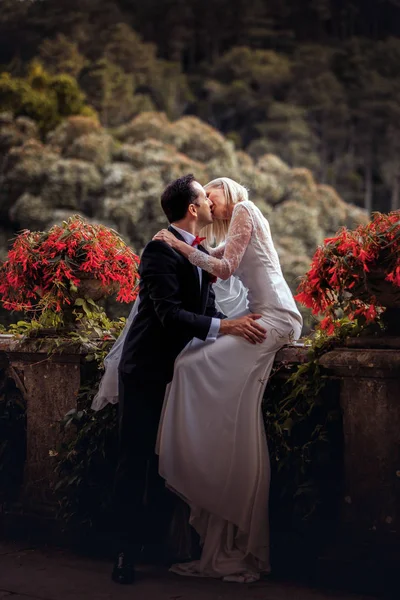 可爱的情侣新婚夫妇 新娘和新郎亲吻附近的石头护栏在一个古老的美丽的石宫殿户外对一个惊人的景观 — 图库照片