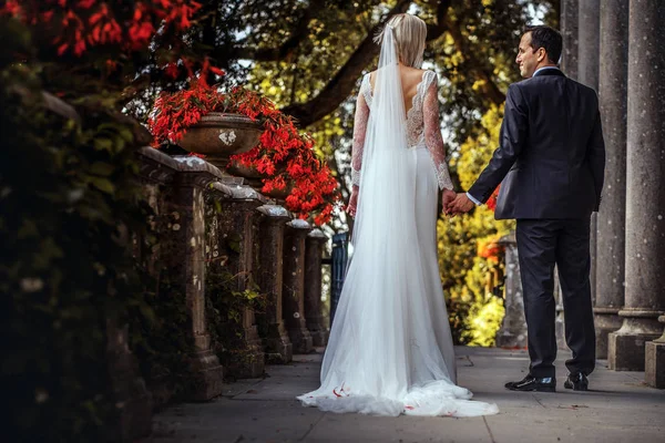 Casal Encantador Recém Casados Noiva Noivo Andando Redor Velho Palácio — Fotografia de Stock