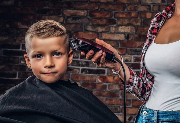 Close Portrait Cute Preschooler Boy Getting Haircut Brick Wall — Stock Photo, Image