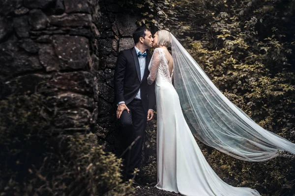 Casal Encantador Noiva Noivo Abraçando Beijo Uma Bela Floresta Misteriosa — Fotografia de Stock