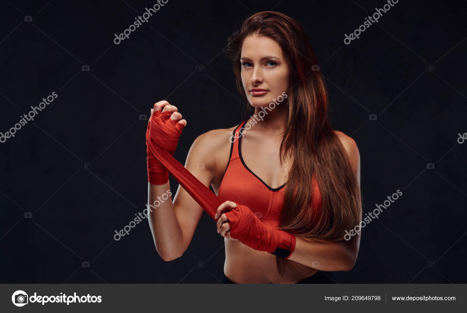 Portrait Beautiful Female Boxer Sports Bra Bandages Her Hands