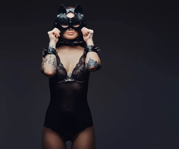 性感的女人穿着黑色内衣在 Bdsm 猫皮革面具和配件在黑暗的背景下摆出 — 图库照片
