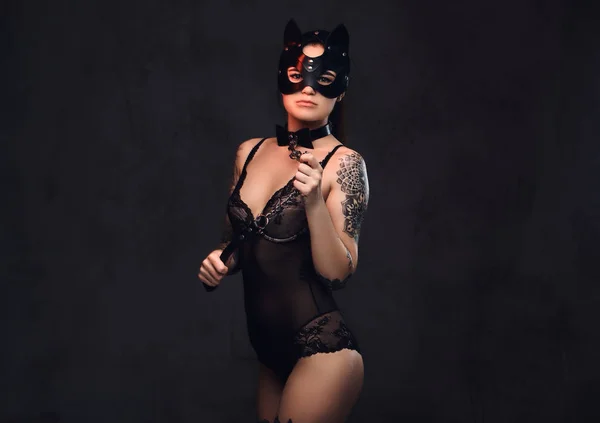 Bdsm 액세서리와 고양이 마스크 어두운 배경에 포즈에 란제리를 매혹적인 어두운 — 스톡 사진