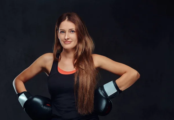 Smiling Sportive Woman Dressed Sportswear Wearing Boxing Gloves Posing Studio — Stock Photo, Image