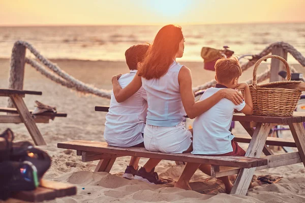 Baksidan Söt Familj Mamma Med Hennes Söner Som Sitter Bänk — Stockfoto