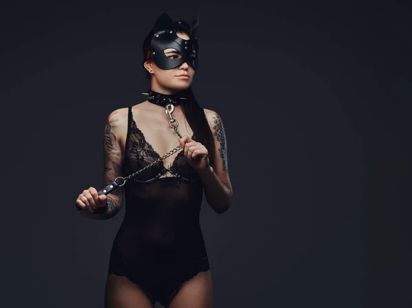 Sexy Vrouw Dragen Zwarte Lingerie Bdsm Kat Lederen Masker Accessoires — Stockfoto