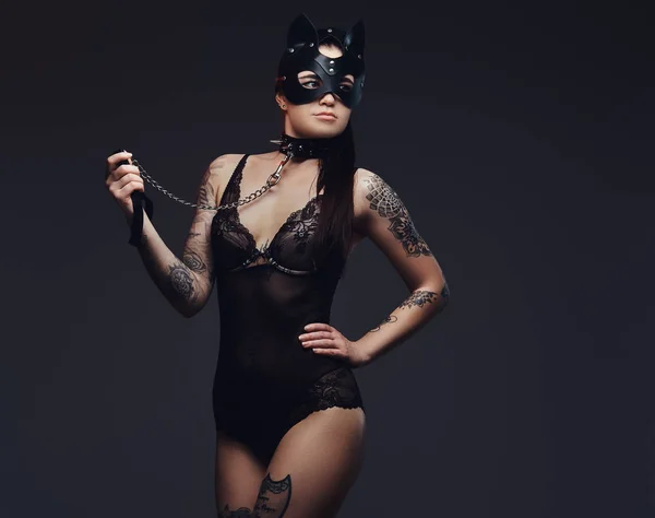 Sexig Kvinna Klädd Svart Underkläder Bdsm Katt Läder Mask Och — Stockfoto