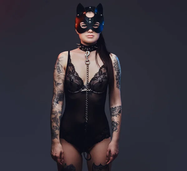Femme Sexy Portant Lingerie Noire Cuir Chat Bdsm Masque Accessoires — Photo