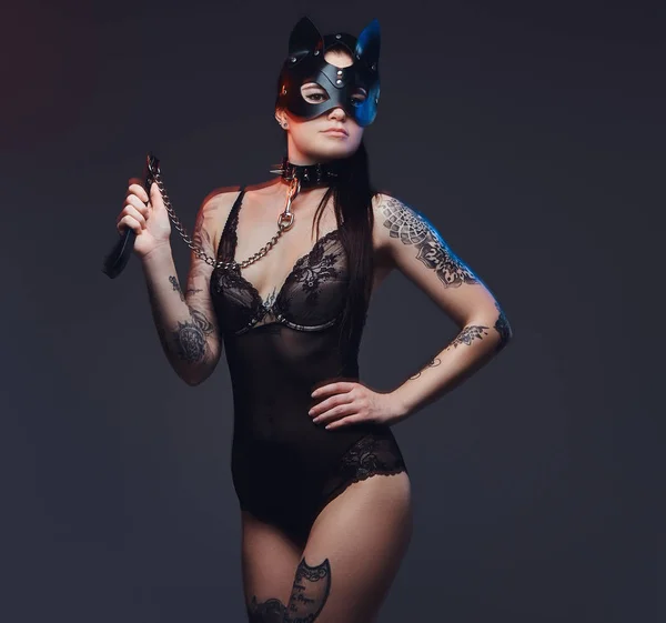Sexy Mujer Con Lencería Negra Bdsm Gato Máscara Cuero Accesorios —  Fotos de Stock