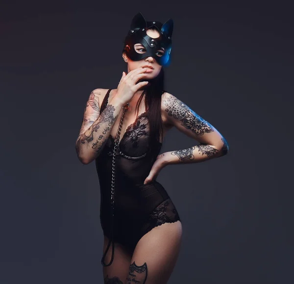 Seksowny Kobieta Nosi Czarny Bielizna Bdsm Kot Skórzane Maski Akcesoria — Zdjęcie stockowe