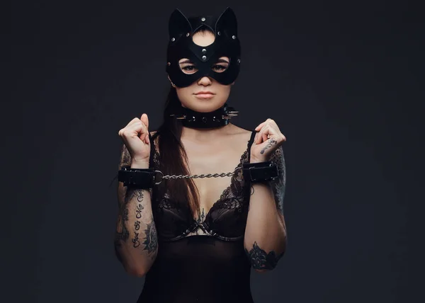 Geboeid Hete Brunette Meesteres Meisje Dragen Zwarte Lingerie Bdsm Kat — Stockfoto