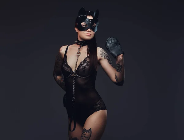 Sexy Vrouw Dragen Zwarte Lingerie Bdsm Kat Lederen Masker Accessoires — Stockfoto