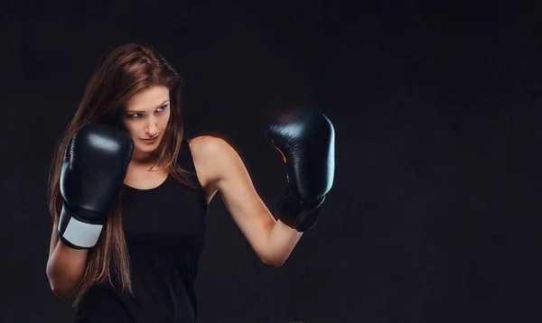 Bonita Morena Boxeadora Feminina Durante Exercícios Boxe Focada Processo Com — Fotografia de Stock