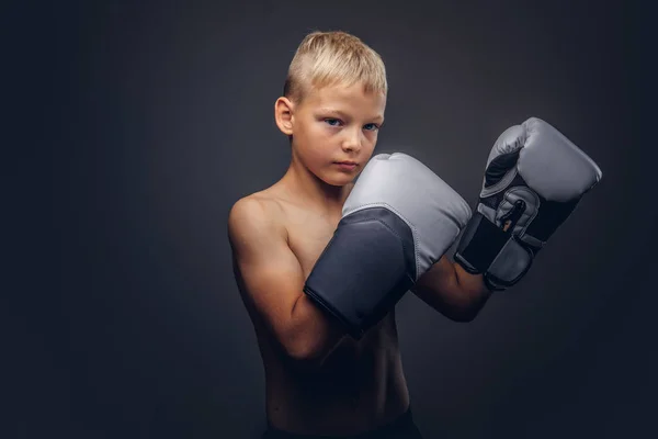 Giovane ragazzo boxer senza maglietta con guanti da boxe in posa in uno studio . — Foto Stock