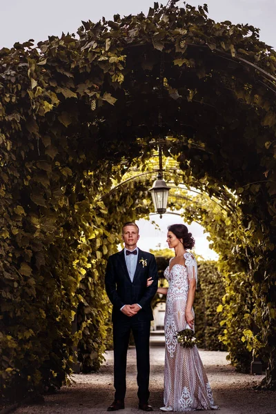 Okouzlující Nevěsta Úžasné Šaty Pohledný Ženich Pózuje Parku — Stock fotografie