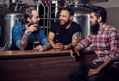 Üç sakallı Interracial arkadaş zanaat bira içmek ve bir bira fabrikasında konuş. Önlük iki hipster işçi ile onların arkadaşı bir bira fabrikasında bira içmek.