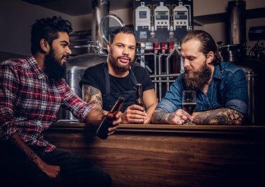 Üç sakallı Interracial arkadaş zanaat bira içmek ve bir bira fabrikasında konuş. Önlük iki hipster işçi ile onların arkadaşı bir bira fabrikasında bira içmek.