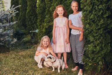 Parkta bir çimenlikte küçük köpekleri ile üç mutlu kız portresi.