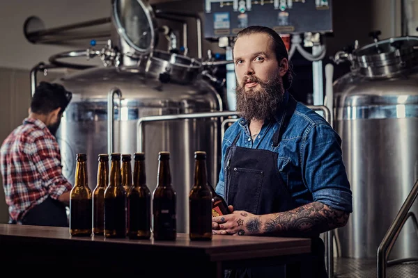 Interracial Hipster Tam Sakallı Erkeklerde Bir Gömlek Bir Bira Fabrikasında — Stok fotoğraf