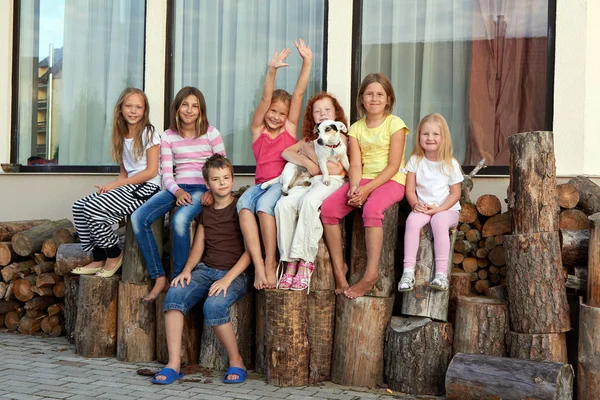 Grupo Pequeños Amigos Felices Sentados Una Leña Patio Trasero —  Fotos de Stock