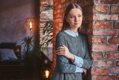 Bir zarif gri elbise ayakta duvara yaslanmış iken çapraz kolları olan bir genç kız portresi giymiş.