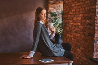 Paket servisi olan restoran kahve uzakta çatı iç ile bir odada bir masada otururken seyir içinde zarif bir gri elbise giymiş genç bir kızın portresi tutar.