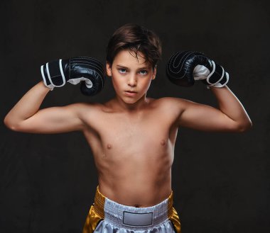 Kas gösterilen eldiven giymiş yakışıklı gömleksiz genç boksör. Karanlık bir arka plan üzerinde izole.