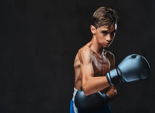 Retrato Belo Boxeador Jovem Sem Camisa Durante Exercícios Boxe Focado — Fotografia de Stock