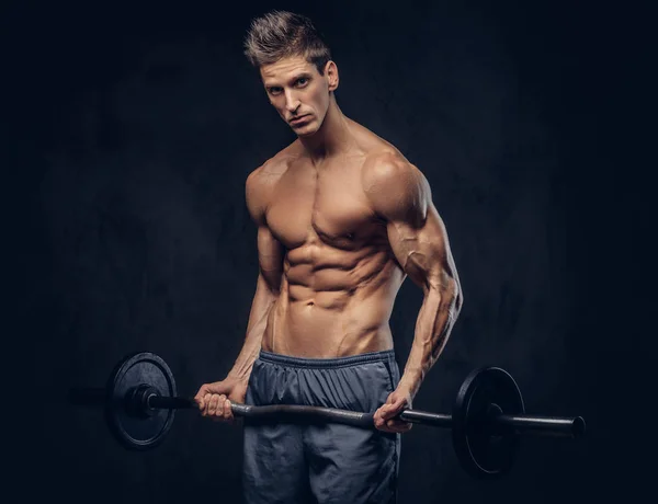 Handsome Shirtless Man Stylish Hair Muscular Ectomorph Doing Exercises Barbell — Stock Photo, Image