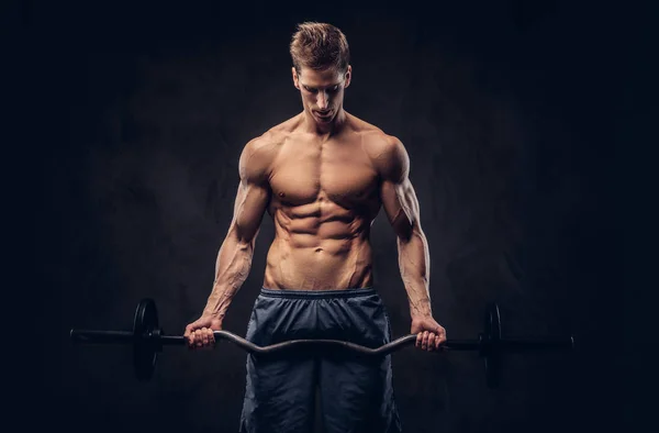 Bonito Homem Sem Camisa Com Cabelo Elegante Ectomorfo Muscular Fazendo — Fotografia de Stock