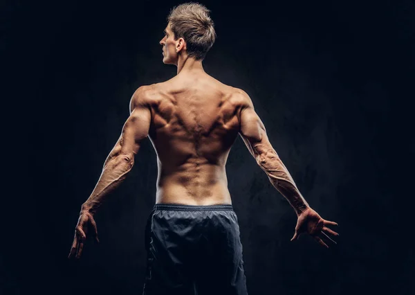 Visão Traseira Homem Sem Camisa Com Cabelo Elegante Ectomorfo Muscular — Fotografia de Stock