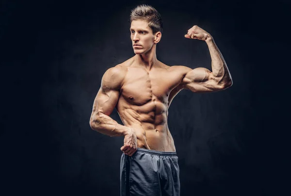 Handsome Shirtless Man Stylish Hair Muscular Ectomorph Shows His Bicep — Stock Photo, Image