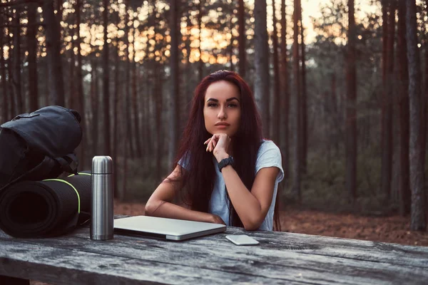 Fundersam hipster flicka i vit skjorta tittar på kameran när du sitter på en träbänk med en öppen laptop i den vackra höstliga skogen. — Stockfoto