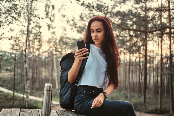 Sensuell tourist tjej sitter på ett träbord och använder en smartphone, som har en paus i vackra hösten skogen vid solnedgången. — Stockfoto