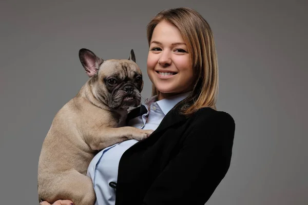 Portrait Happy Blonde Woman Breeder Holds Her Cute Pug Isolated — Stock Photo, Image