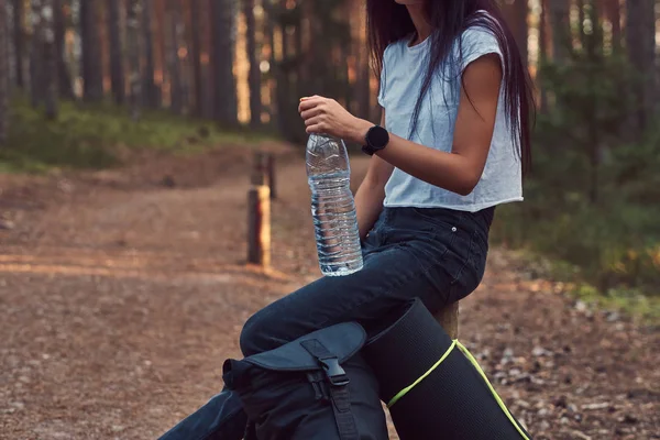 Foto recortada de una chica hipster turístico sostiene una botella de agua, se detuvo a descansar en un hermoso bosque de otoño . — Foto de Stock