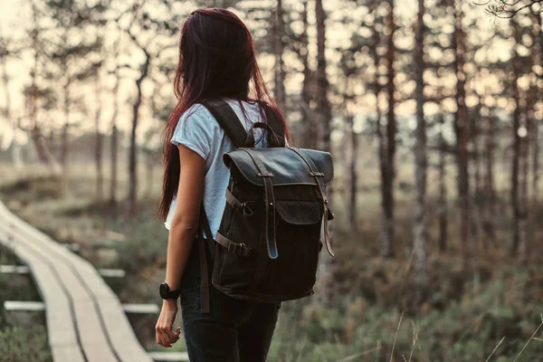 Vista trasera de una chica turística con mochila a pie en un sendero de madera en un hermoso bosque . — Foto de Stock