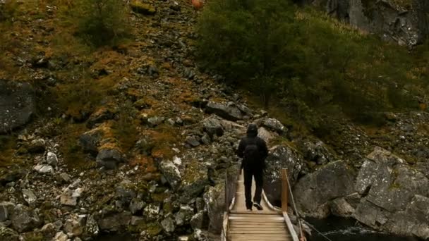 관광 산 스트림 노르웨이에서 나무 다리를 따라 걸어간. — 비디오