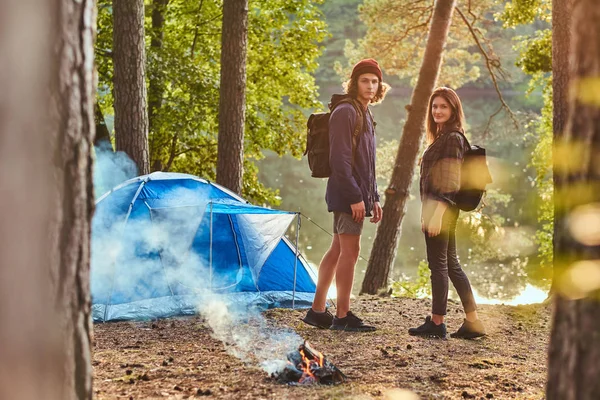 Fiatal pár túrázók állandó táborban az erdő. — Stock Fotó