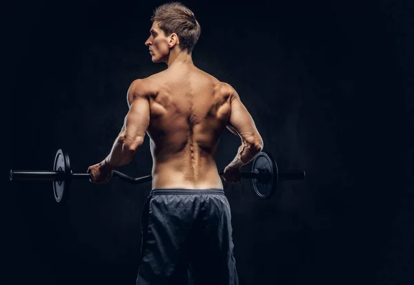 Visão traseira do homem sem camisa com cabelo elegante e ectomorfo muscular fazendo os exercícios com a barra . — Fotografia de Stock