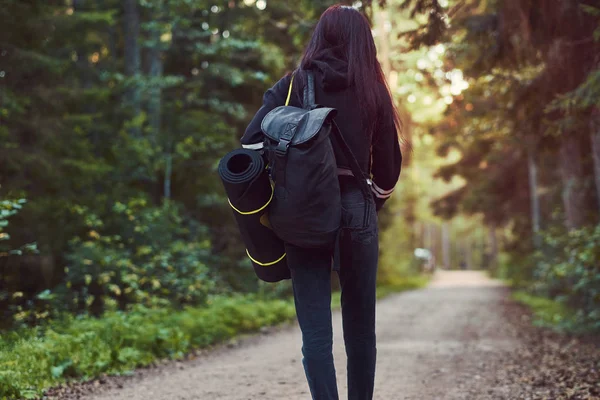 Back view of a tourist girl dressed in hoodie and jeans holds tourist mat and backpack in a summer forest. — Stock Photo, Image