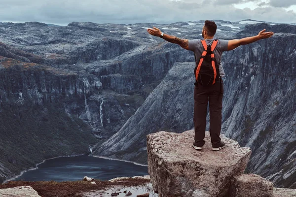 Τουριστική στέκεται στην κορφή του βουνού με καταπληκτική θέα στα νορβηγικά φιόρδ. — Φωτογραφία Αρχείου