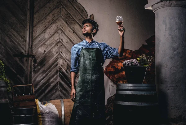 Cervecero experto en delantal sostiene un vaso de cerveza y comprueba la calidad de la bebida elaborada en la fábrica de cerveza . — Foto de Stock