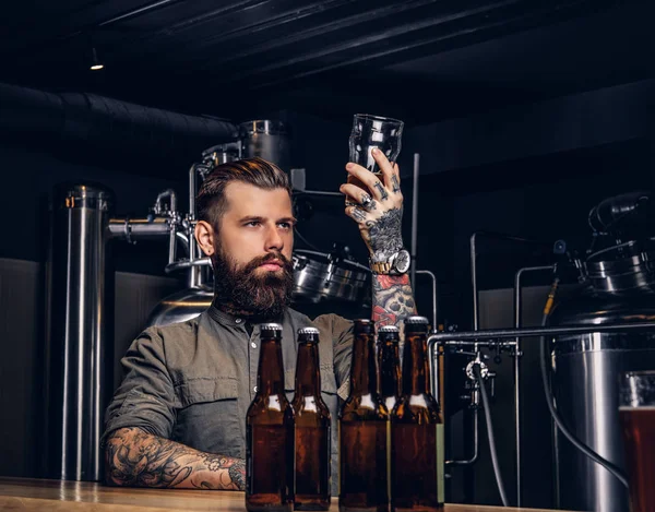 Muž s stylové vousy a vlasy drží pintu piva craft sedí u baru proti v pivovaru indie. — Stock fotografie