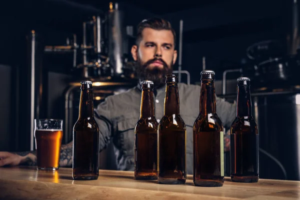 Foto con botellas de cerveza artesanales en primer plano y hombres barbudos bebiendo en el fondo . — Foto de Stock